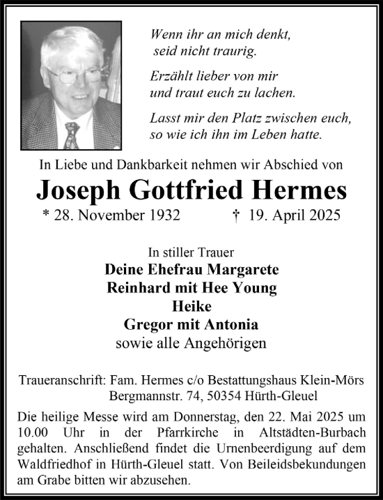 Anzeige von Joseph Gottfried Hermes von  Wochenende 