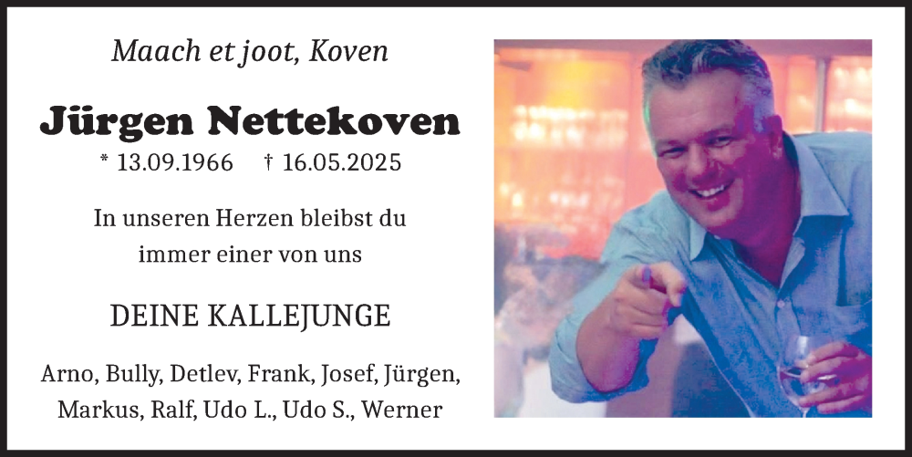  Traueranzeige für Jürgen Nettekoven vom 23.05.2025 aus  Schlossbote/Werbekurier 