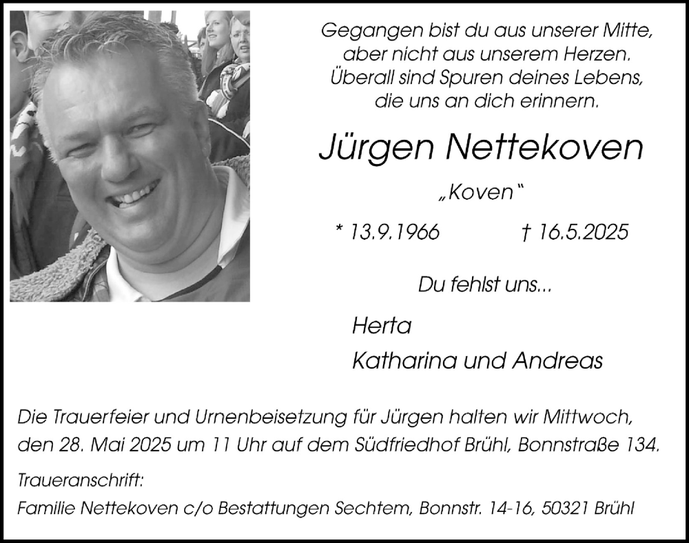  Traueranzeige für Jürgen Nettekoven vom 23.05.2025 aus  Schlossbote/Werbekurier 