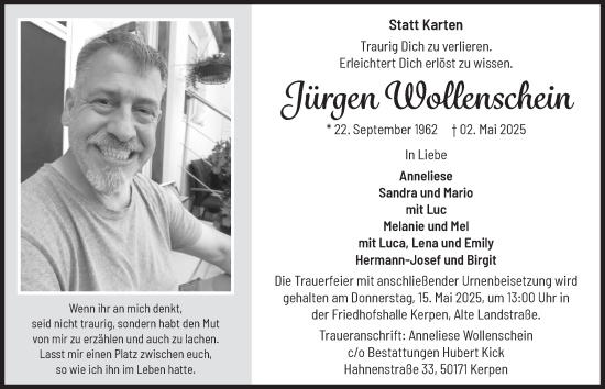 Anzeige von Jürgen Wollenschein von  Werbepost 