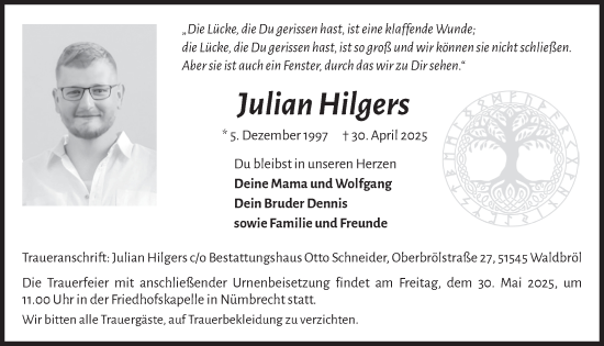 Anzeige von Julian Hilgers von  Lokalanzeiger 