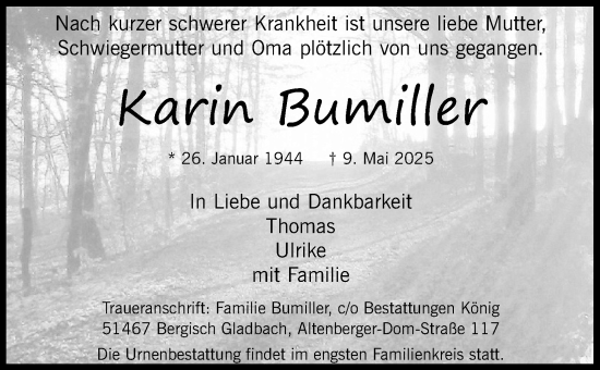 Anzeige von Karin Bumiller von Kölner Stadt-Anzeiger / Kölnische Rundschau / Express