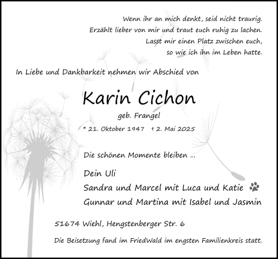 Anzeige von Karin Cichon von  Anzeigen Echo 
