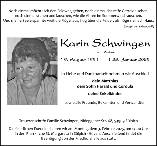 Anzeige von Karin Schwingen von  Blickpunkt Euskirchen 