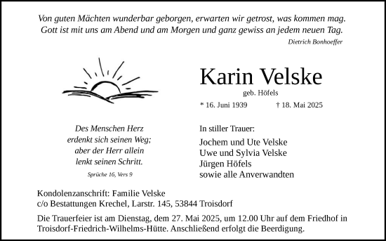 Anzeige von Karin Velske von Kölner Stadt-Anzeiger / Kölnische Rundschau / Express