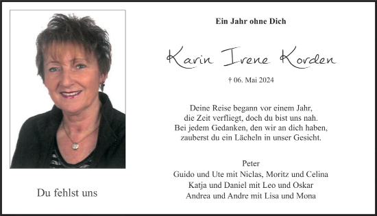 Anzeige von Karin Irene Korden von  Bergisches Handelsblatt 