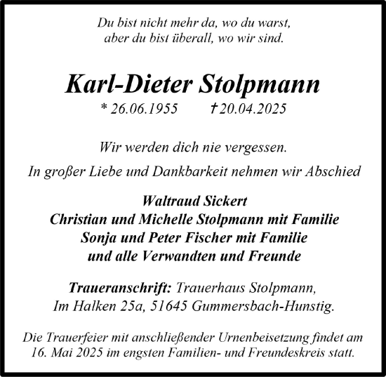 Anzeige von Karl-Dieter Stolpmann von  Anzeigen Echo 
