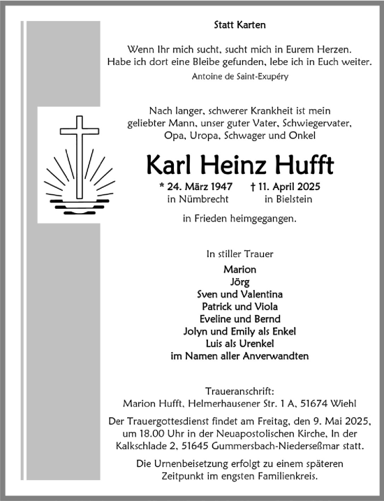 Anzeige von Karl Heinz Hufft von  Anzeigen Echo 