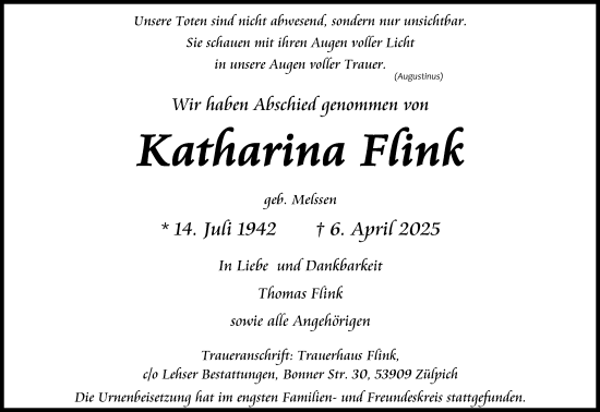 Anzeige von Katharina Flink von Kölner Stadt-Anzeiger / Kölnische Rundschau / Express
