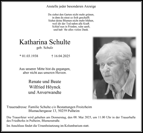 Anzeige von Katharina Schulte von  Wochenende 