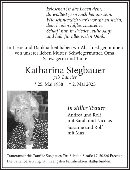 Anzeige von Katharina Stegbauer von  Wochenende 