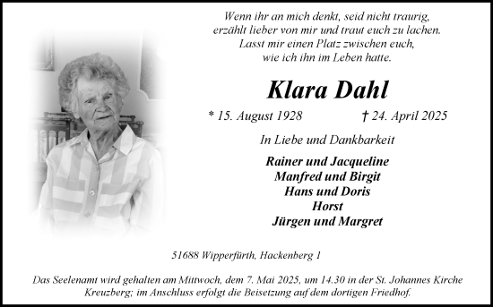 Anzeige von Klara Dahl von Kölner Stadt-Anzeiger / Kölnische Rundschau / Express