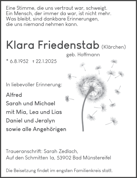 Anzeige von Klara Friedenstab von  Blickpunkt Euskirchen 