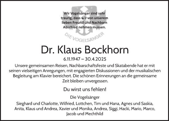 Anzeige von Klaus Bockhorn von  Schlossbote/Werbekurier 