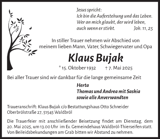 Anzeige von Klaus Bujak von  Lokalanzeiger 