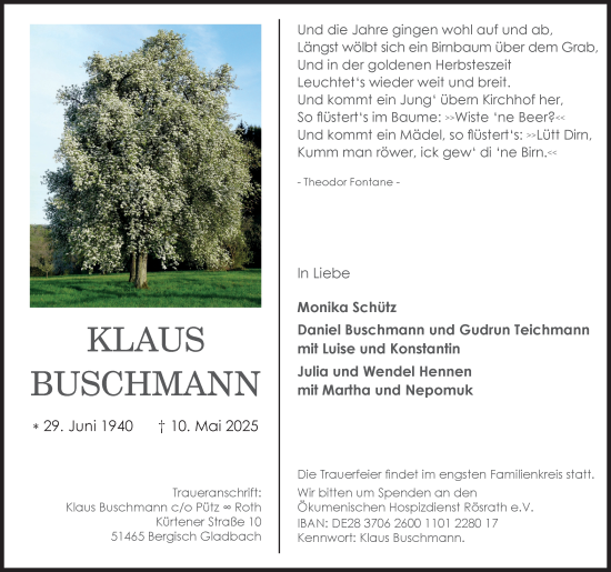 Anzeige von Klaus Buschmann von Kölner Stadt-Anzeiger / Kölnische Rundschau / Express