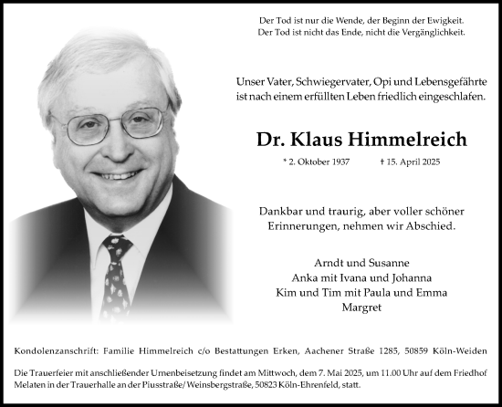 Anzeige von Klaus Himmelreich von Kölner Stadt-Anzeiger / Kölnische Rundschau / Express