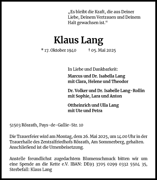 Anzeige von Klaus Lang von Kölner Stadt-Anzeiger / Kölnische Rundschau / Express