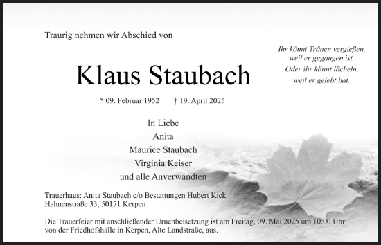 Anzeige von Klaus Staubach von  Werbepost 