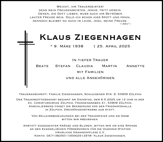 Anzeige von Klaus Ziegenhagen von Kölner Stadt-Anzeiger / Kölnische Rundschau / Express