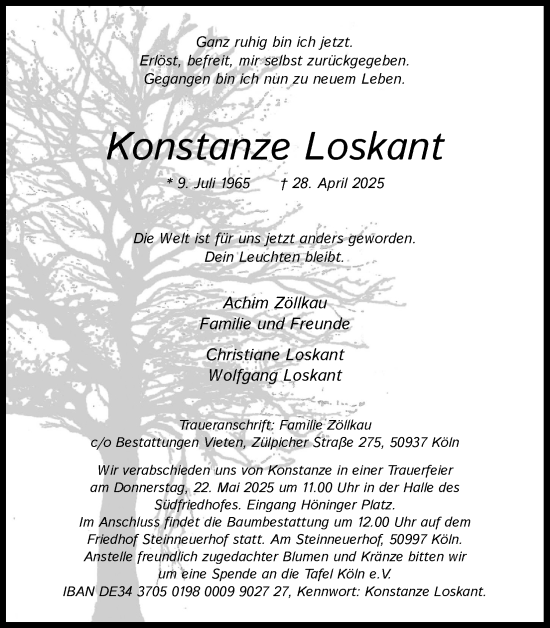 Anzeige von Konstanze Loskant von Kölner Stadt-Anzeiger / Kölnische Rundschau / Express