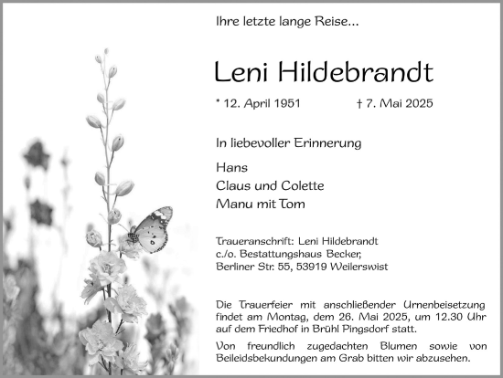 Anzeige von Leni Hildebrandt von  Schlossbote/Werbekurier 