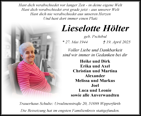 Anzeige von Lieselotte Hölter von  Anzeigen Echo 