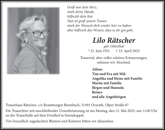 Anzeige von Lilo Rätscher von  Bergisches Handelsblatt 
