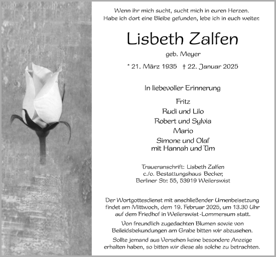 Anzeige von Lisbeth Zalfen von  Blickpunkt Euskirchen 