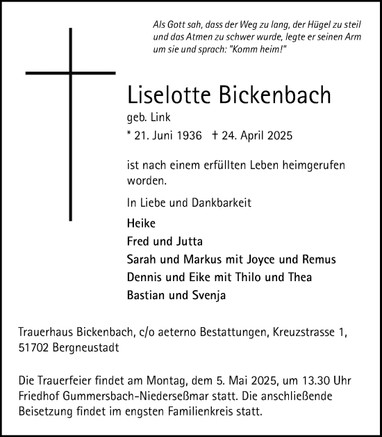 Anzeige von Liselotte Bickenbach von Kölner Stadt-Anzeiger / Kölnische Rundschau / Express