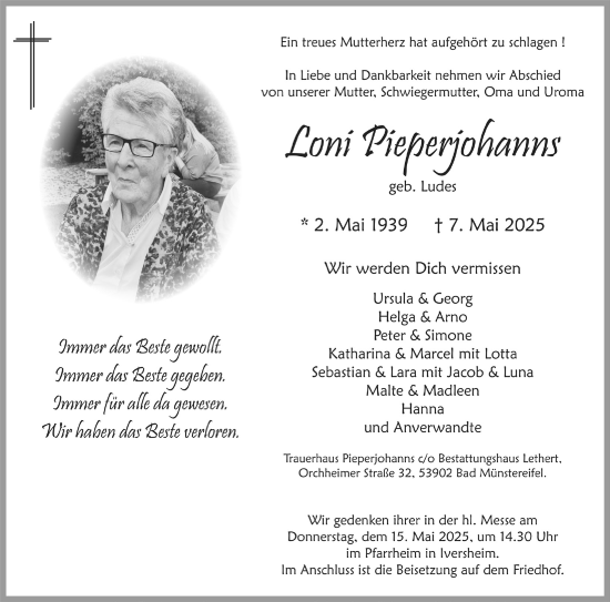 Anzeige von Loni Pieperjohanns von  Blickpunkt Euskirchen 