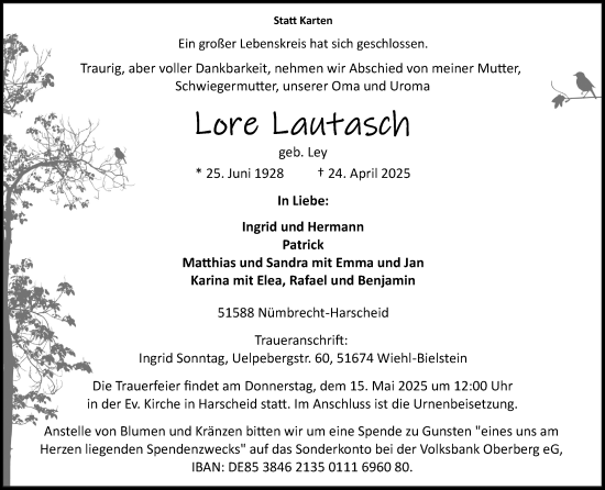 Anzeige von Lore Lautasch von Kölner Stadt-Anzeiger / Kölnische Rundschau / Express