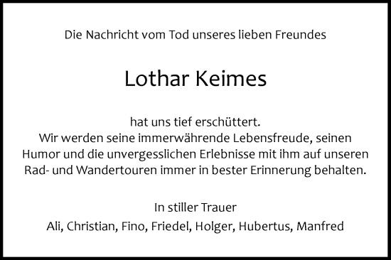 Anzeige von Lothar Keimes von Kölner Stadt-Anzeiger / Kölnische Rundschau / Express