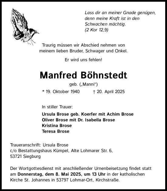 Anzeige von Manfred Böhnstedt von Kölner Stadt-Anzeiger / Kölnische Rundschau / Express