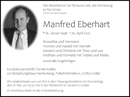 Anzeige von Manfred Eberhart von Kölner Stadt-Anzeiger / Kölnische Rundschau / Express