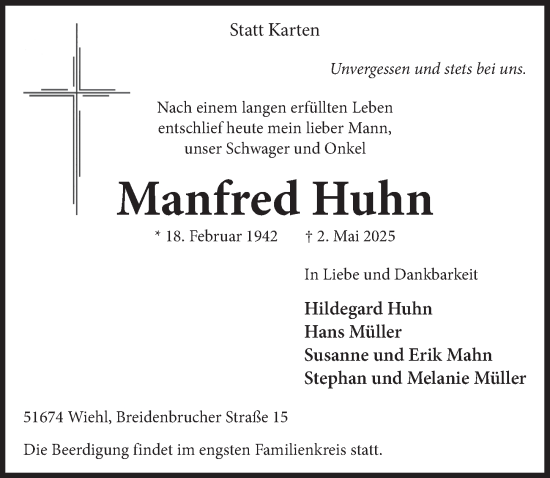 Anzeige von Manfred Huhn von  Anzeigen Echo 