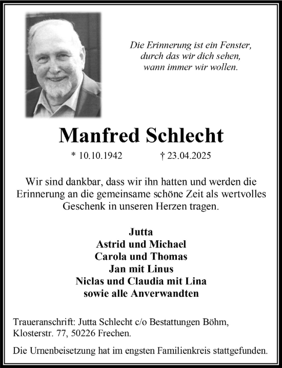 Anzeige von Manfred Schlecht von  Wochenende 
