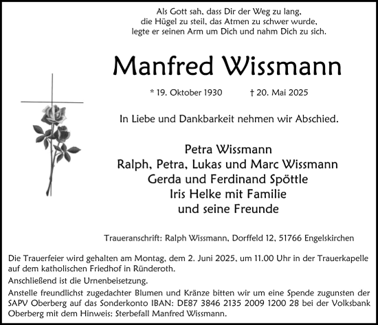 Anzeige von Manfred Wissmann von  Anzeigen Echo 