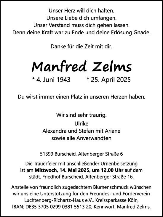 Anzeige von Manfred Zelms von Kölner Stadt-Anzeiger / Kölnische Rundschau / Express