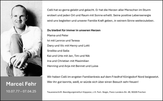 Anzeige von Marcel Fehr von Kölner Stadt-Anzeiger / Kölnische Rundschau / Express