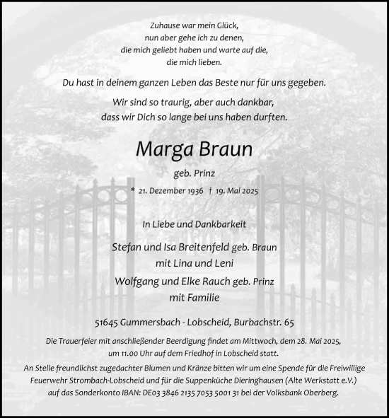 Anzeige von Marga Braun von  Anzeigen Echo 