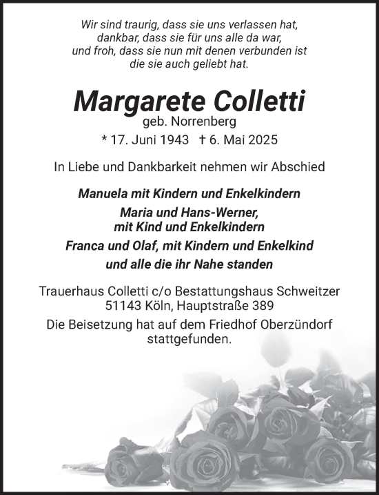 Anzeige von Margarete Colletti von  EXPRESS - Die Woche 