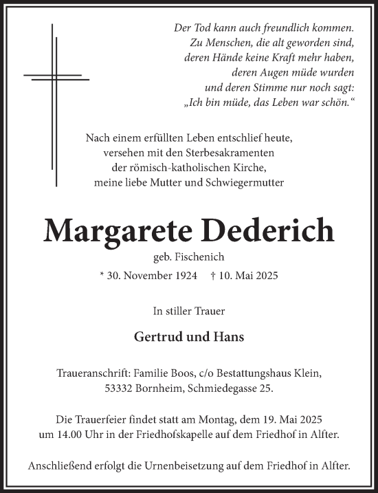 Anzeige von Margarete Dederich von  Schaufenster/Blickpunkt 