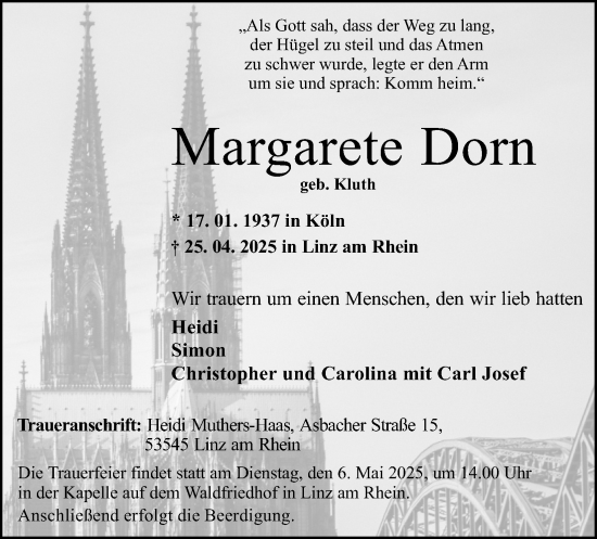 Anzeige von Margarete Dorn von Kölner Stadt-Anzeiger / Kölnische Rundschau / Express