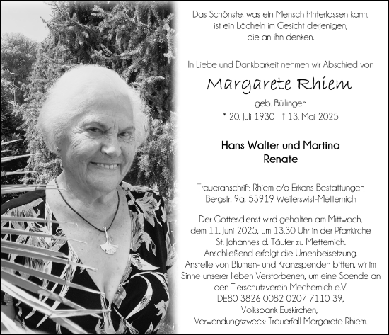 Anzeige von Margarete Rhiem von  Blickpunkt Euskirchen 