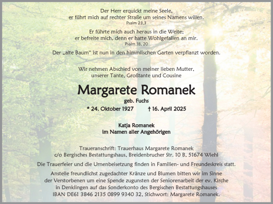Anzeige von Margarete Romanek von Kölner Stadt-Anzeiger / Kölnische Rundschau / Express