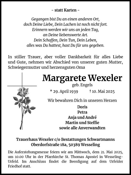 Anzeige von Margarete Wexeler von Kölner Stadt-Anzeiger / Kölnische Rundschau / Express