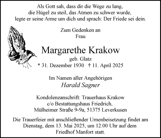 Anzeige von Margarethe Krakow von Kölner Stadt-Anzeiger / Kölnische Rundschau / Express