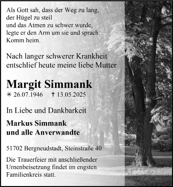Anzeige von Margit Simmank von  Anzeigen Echo 