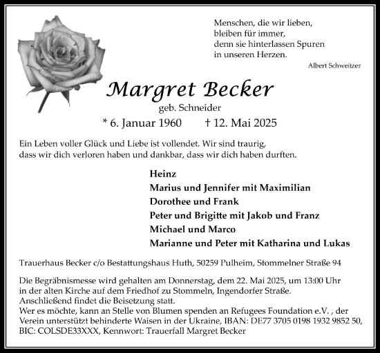 Anzeige von Margret Becker von  Wochenende 